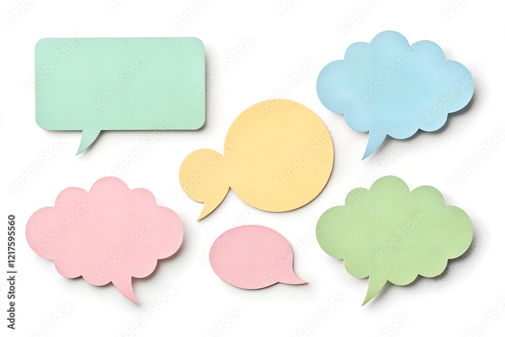 A set of pastel-colored paper speech bubbles in yellow, pink, green, and blue with a gentle, clean style. Ideal for light-hearted, modern, or creative projects. A set of pastel-colored paper speech bubbles in yellow, pink, green, and blue with a gentle, clean style. Ideal for light-hearted, modern, or creative projects.