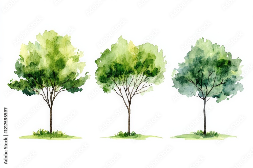 Fototapeta premium Three distinct trees in watercolor showcasing varying shades of green and nature's beauty