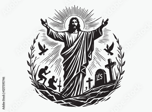 Elegant Jesus Risen Silhouette Vector - Ideal for Christian-Themed Artwork and Church Projects