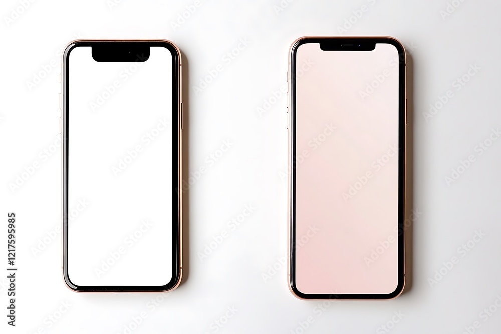 Two Modern Rose Gold Smartphones with Blank Screens Two Modern Rose Gold Smartphones with Blank Screens