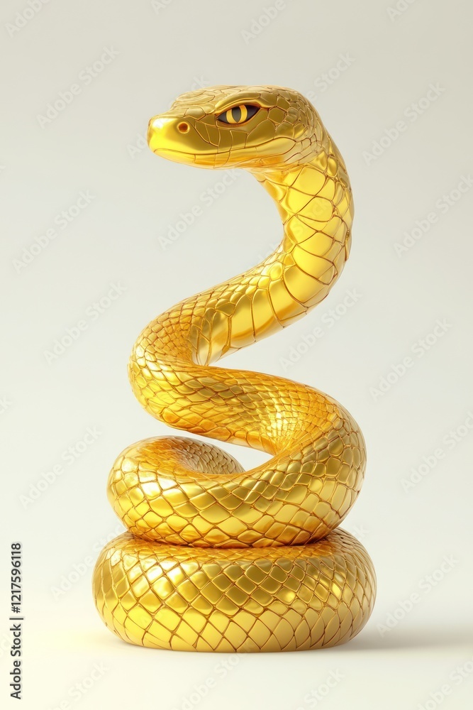 Fototapeta premium Golden snake sculpture, coiled, studio shot, neutral background, art