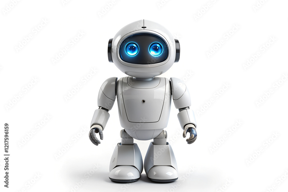 small humanoid robot with white and grey design, rounded head, cylindrical arms and legs, rectangular torso, and large rounded feet for stability small humanoid robot with white and grey design, rounded head, cylindrical arms and legs, rectangular torso, and large rounded feet for stability