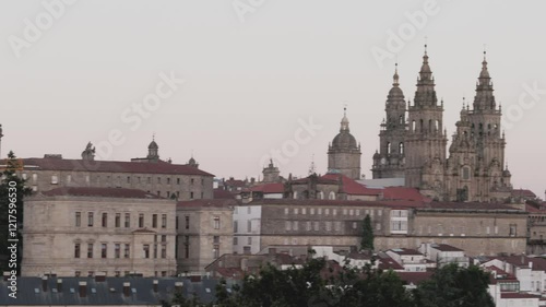 Panoramic view of Santiago de Compostela cathedral and old town at dusk of a summer day