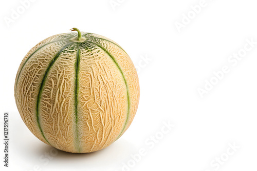 whole cantaloupe melon with rough, netted beige rind and green vertical lines, perfect for fresh produce advertising, culinary uses, and health-focused photo