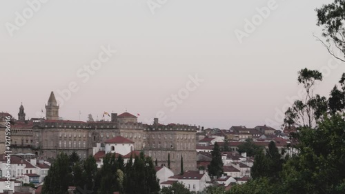 Panoramic view of Santiago de Compostela cathedral and old town at dusk of a summer day