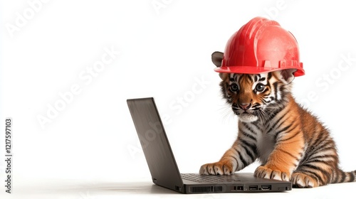 A playful tiger cub wearing a hard hat types on a laptop, blending elements of work and fun in a whimsical scene. photo