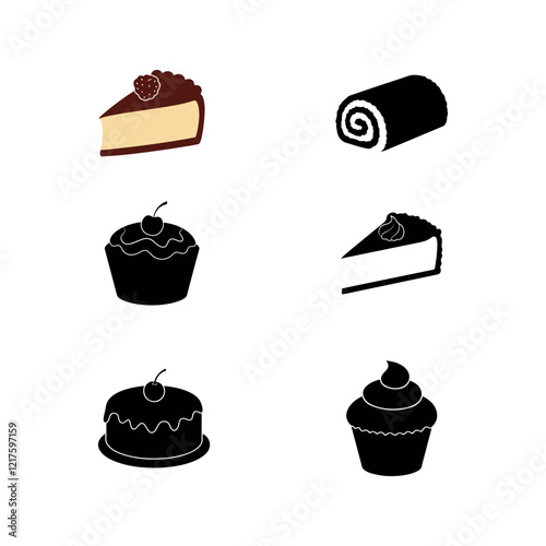 delicious cup chocolate cheese birthday cream cake hot dog  pudding and bakery baked food item silhouette icon collection set vector art flat design illustrations