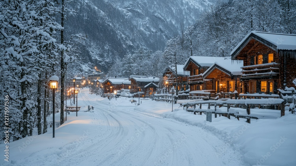 Snowy Mountain Village Road Lit By Night Snowy Mountain Village Road Lit By Night
