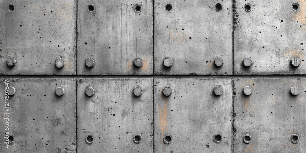 Concrete wall with metal bolts arranged in a structured industrial pattern
Concrete wall with metal bolts arranged in a structured industrial pattern