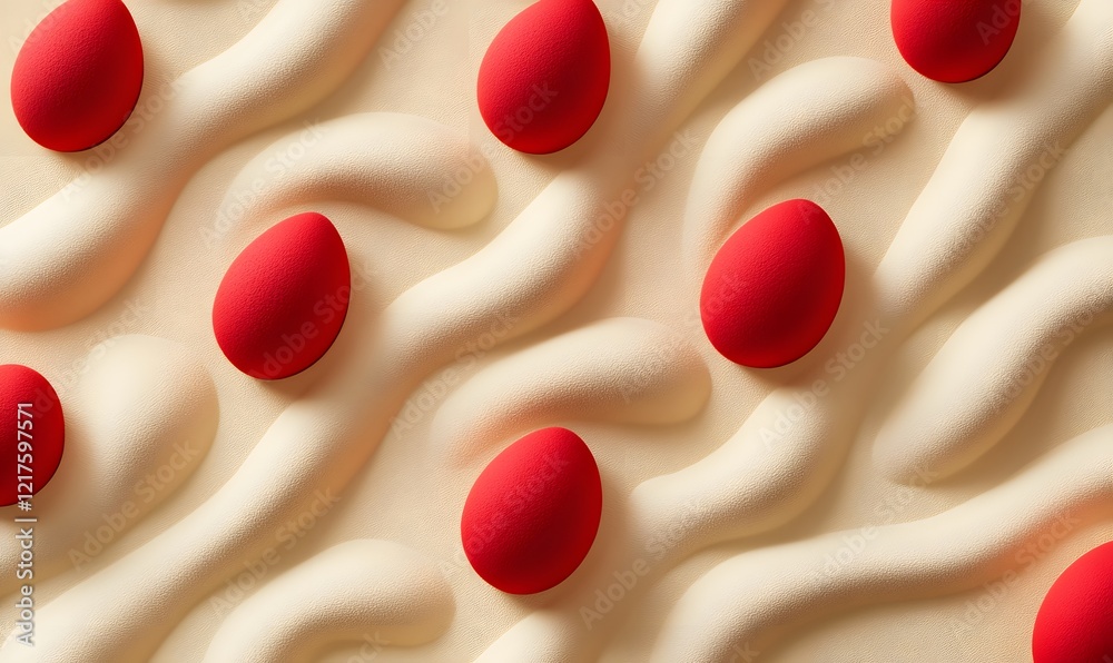 Fototapeta premium Red Egg Pattern on Wavy Cream Texture, Abstract Minimalist Background Image for Design