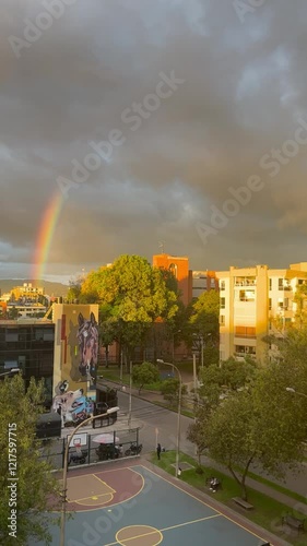 Vertical panning shot of a city at sunset with a faint rainbow in the sky