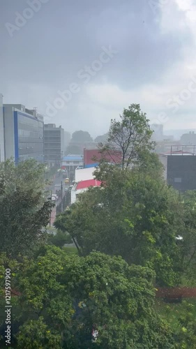 View of a city with trees and buildings during rainfall and blowing wind