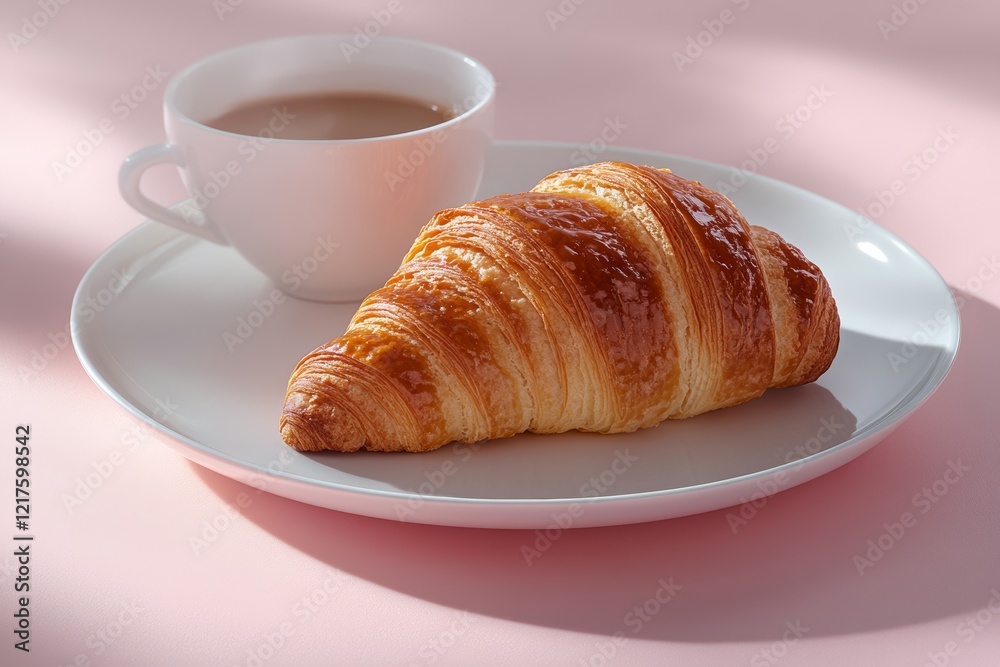 A minimalistic composition featuring a golden croissant on a white plate beside a cup of coffee against a soft pink background A minimalistic composition featuring a golden croissant on a white plate beside a cup of coffee against a soft pink background