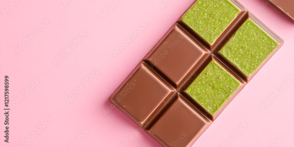 Fototapeta premium Milk chocolate bar with a vibrant green filling. A delectable treat, perfect for a sweet snack or gift. Close-up view highlights texture and color.