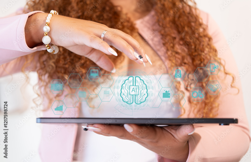 artificial intelligence concepts. woman asks a bot for advice and help to properly manage business areas artificial intelligence concepts. woman asks a bot for advice and help to properly manage business areas