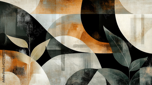 Wallpaper Mural a harmonious abstract scene with curved shapes, warm tones of ochre and ivory, contrasted with soft black and deep green botanical elements Torontodigital.ca