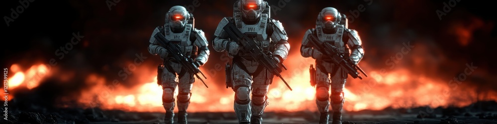 Fototapeta premium Three heavily armed futuristic soldiers with glowing red eyes advancing through a burning battlefield in a war-torn dystopian setting