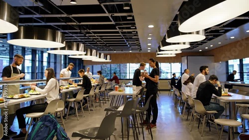 Exciting dining experience at a modern university cafeteria during lunchtime with students enjoying meals