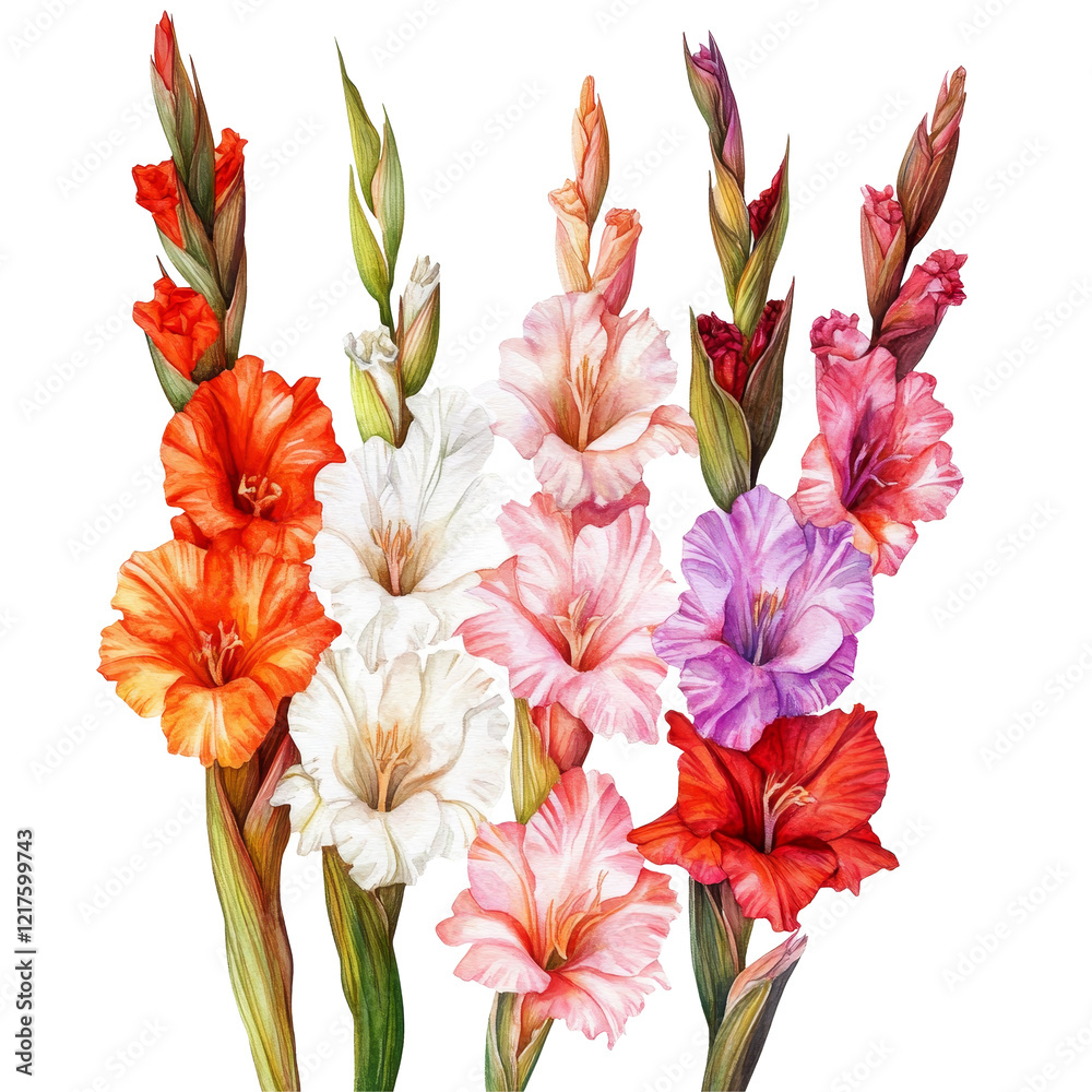 Fototapeta premium A vibrant collection of watercolor gladiolus flowers showcasing various colors on a bright background, colored gladiolus flowers isolated transparent background