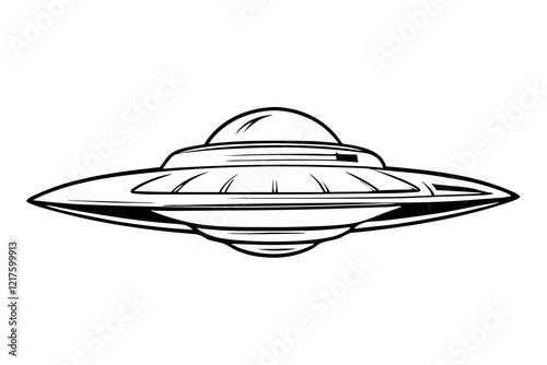 Line art illustration of a UFO flying saucer for science fiction and extraterrestrial themes