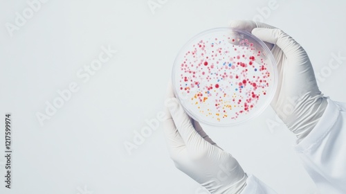 A detailed image of a laboratory technician holding a petri dish with cultured cells, set against a white background, Minimalist style