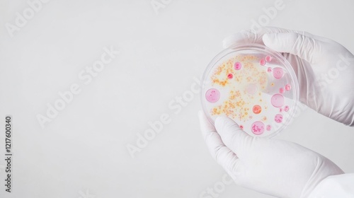 A detailed image of a laboratory technician holding a petri dish with cultured cells, set against a white background, Minimalist style