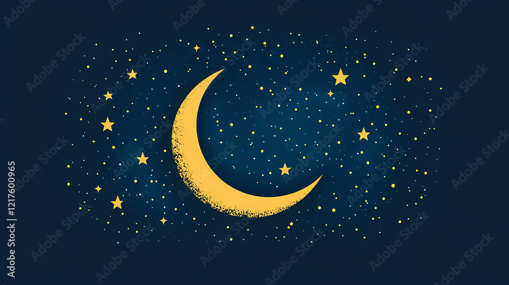 Obraz premium Starry night sky with crescent moon, peaceful night, flat design illustration. Midnight Plains. Illustration