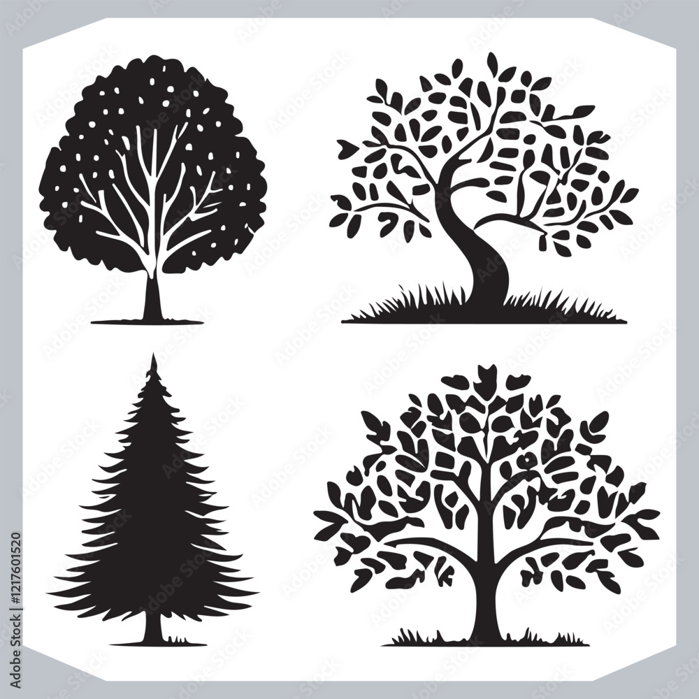 Naklejka premium Comprehensive Set of Black Tree Silhouettes Oak Maple Pine of Iconic Trees