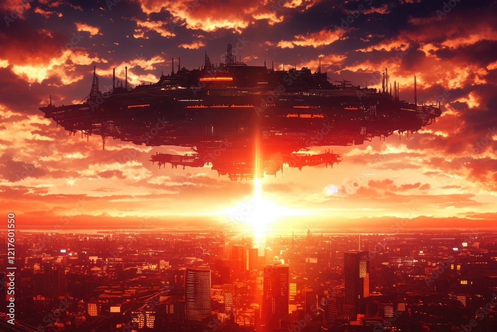 Fototapeta premium Floating City Above Sunset Cityscape at Dawn