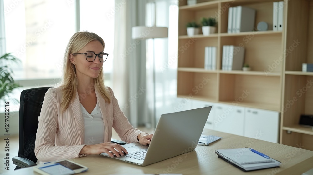Professional Woman Multitasking in Modern Office Environment, Young female leader shapes business success concept. Professional Woman Multitasking in Modern Office Environment, Young female leader shapes business success concept.