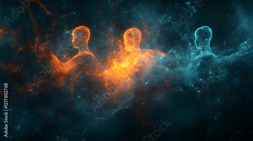 A network of glowing figures stands out against a dark background. This abstract image symbolizes human connection and technology. Ideal for digital art. Generative AI.illustration