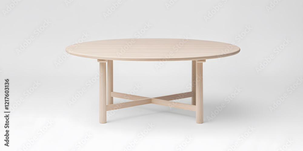 Simple, elegant round wooden coffee table with a minimalist X-base design. Perfect for modern interiors. Simple, elegant round wooden coffee table with a minimalist X-base design. Perfect for modern interiors.