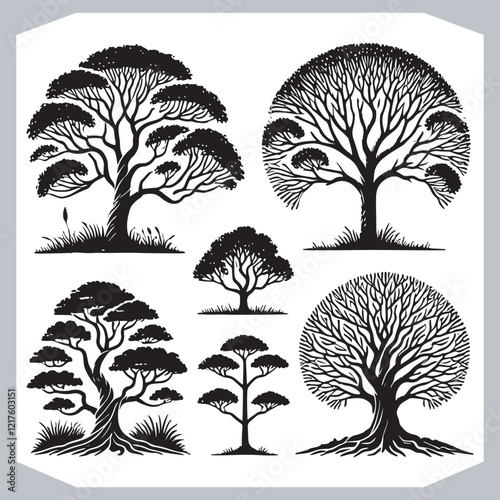 Beautiful Tree Silhouettes Collection Black Vector Designs of World Famous Trees