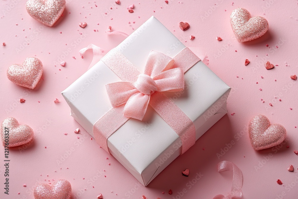 Gift box adorned with pink ribbon surrounded by heart-shaped decorations on a pink surface Gift box adorned with pink ribbon surrounded by heart-shaped decorations on a pink surface