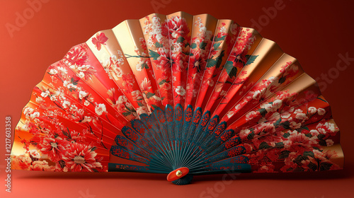 A red and blue fan with flowers on it