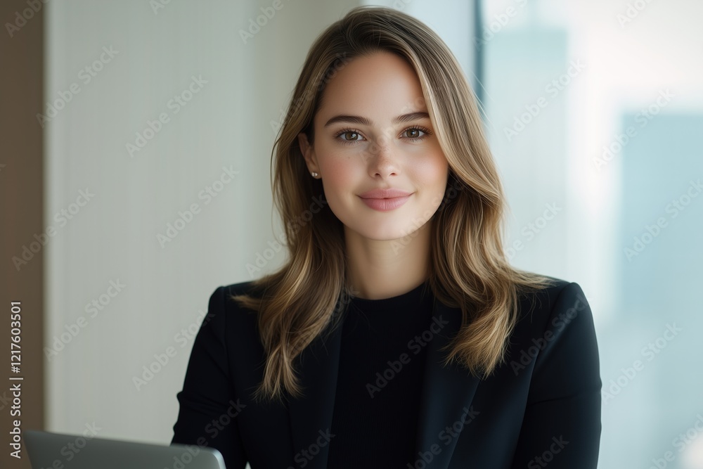 Businesswoman in a modern office with a confident smile. Professionalism, leadership, and success Businesswoman in a modern office with a confident smile. Professionalism, leadership, and success