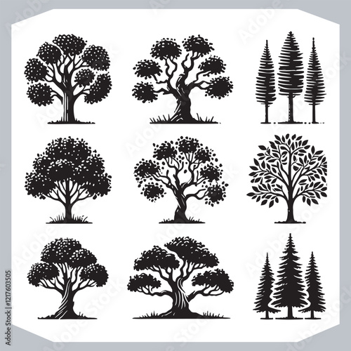 Beautiful Tree Silhouettes Collection Black Vector Designs of World Famous Trees