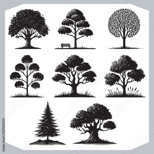 Beautiful Tree Silhouettes Collection Black Vector Designs of World Famous Trees