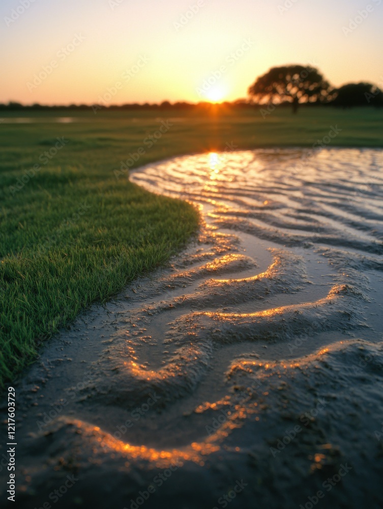 Fototapeta premium A tranquil sunset reflects on gentle water ripples, surrounded by lush grass and a solitary tree, creating a serene nature scene.