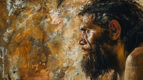 Profile of a muscular male figure with dark hair and beard, set against an earthy-toned background. photo