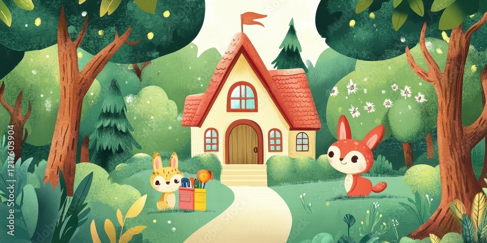 Naklejka premium Woodland Cottage Home With Two Adorable Bunnies