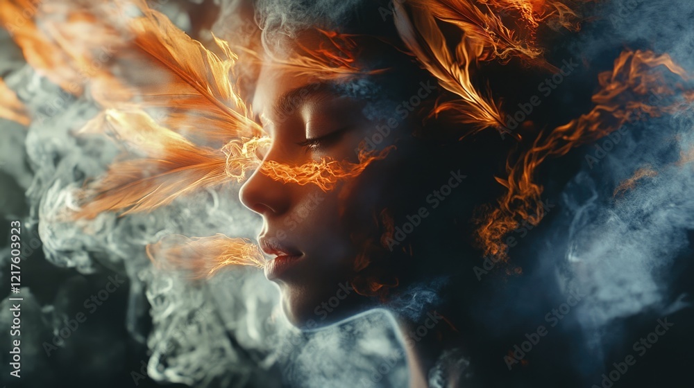 Close-up portrait of a young woman with swirling smoke and fiery elements surrounding her head creating an ethereal artistic effect Copy Space Close-up portrait of a young woman with swirling smoke and fiery elements surrounding her head creating an ethereal artistic effect Copy Space