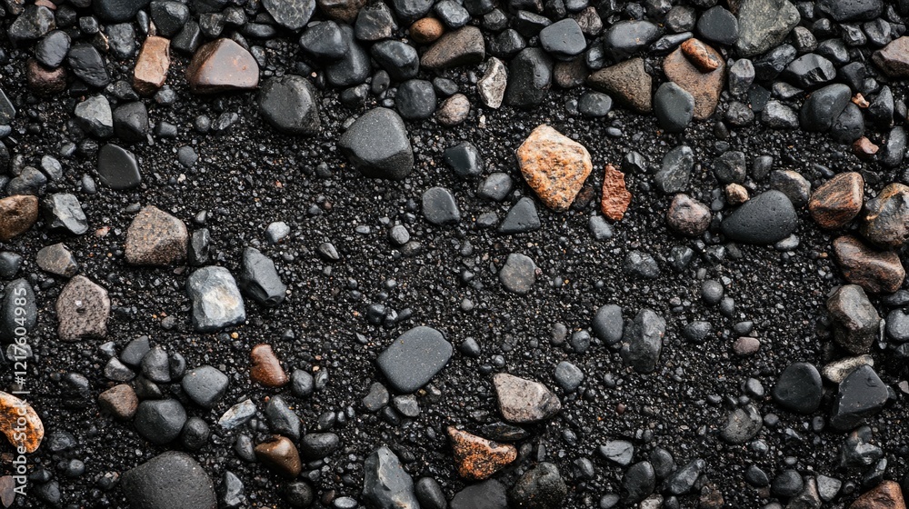 Various sizes and shapes of dark pebbles and stones on a black gravel background with Copy Space for text placement Various sizes and shapes of dark pebbles and stones on a black gravel background with Copy Space for text placement