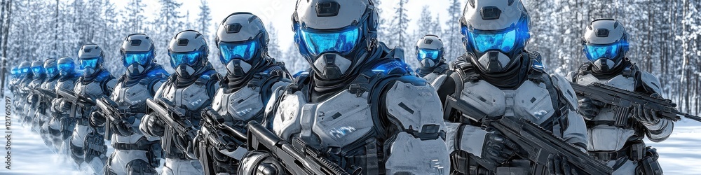 Humanoid combat robots in tactical armor with glowing blue visors marching through a snowy battlefield
Humanoid combat robots in tactical armor with glowing blue visors marching through a snowy battlefield