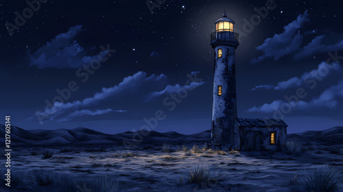 A crumbling lighthouse standing defiant in a desolate desert plain under a midnight sky. Midnight Plains. Illustration