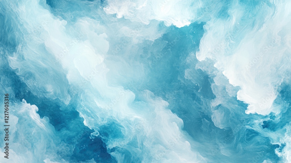 Fototapeta premium Abstract blue and white ocean wave patterns with soft clouds and textures Copy Space