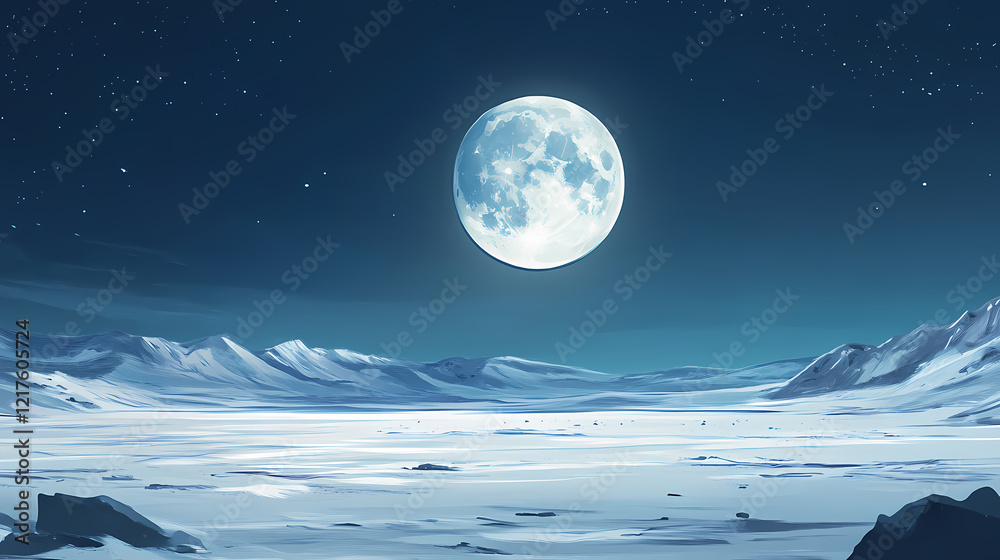 Naklejka premium A large moon is in the sky above a vast, empty, snowy plain. Midnight Plains. Illustration