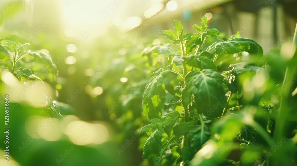 Fresh green basil plants in greenhouse with sunlight filtering through leaves Copy Space Fresh green basil plants in greenhouse with sunlight filtering through leaves Copy Space