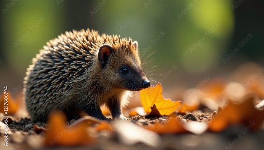 Naklejka premium Forest floor carpeted with leaves and twigs under a hedgehog's watchful gaze, camouflage, hedgehog