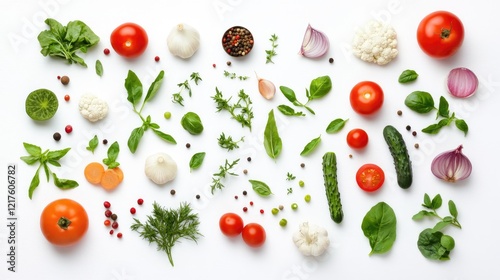 Fresh assorted vegetables and herbs arranged on a white background with copy space for text.